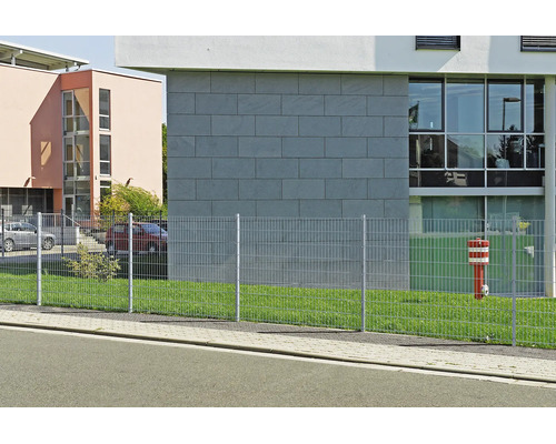 Clôture à doubles fils en métal sur une pelouse devant un bâtiment moderne.