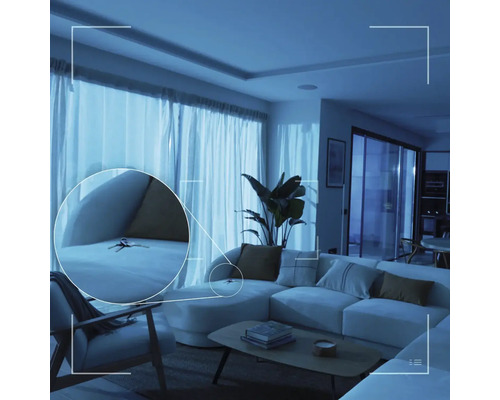 Salon moderne avec canapé, table basse et rideaux. Clés marquées sur le canapé dans la vue de la caméra de surveillance.
