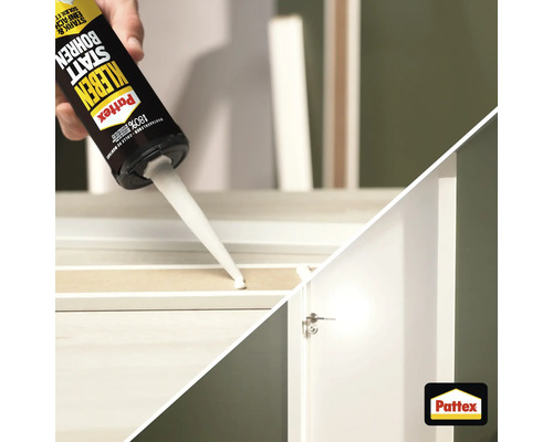 Application de la colle de montage Pattex sur un profilé blanc et un cadre de porte blanc monté. Pattex Logo.