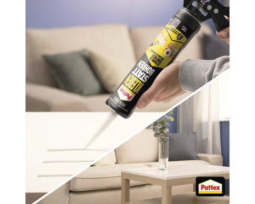Application de la colle de fixation Pattex Kleben statt Bohren avec un pistolet à cartouche sur une surface claire dans un salon.