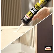 Application de la colle de fixation Pattex Ni Clou Ni Vis sur un panneau en bois.