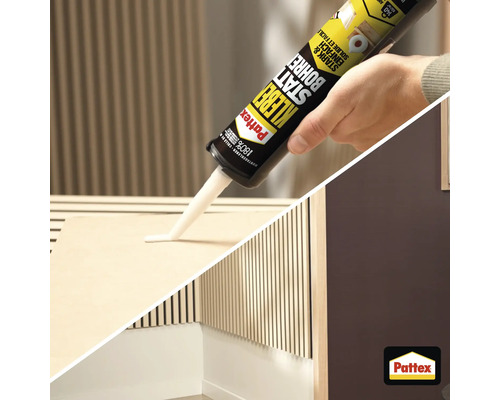 Application de la colle de fixation Pattex Ni Clou Ni Vis sur un panneau en bois.