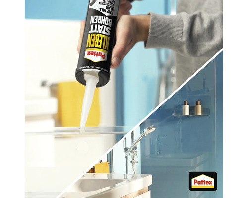 Anwendung von Pattex Kleben statt Bohren Montagekleber auf einer Glasablage und fertig montiertes Regal im hellen Badezimmer. Pattex Logo.