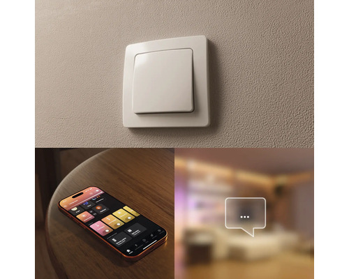Contrôle intelligent de l'éclairage via un interrupteur mural et une application sur smartphone.