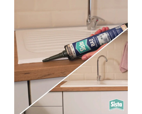 Application de mastic silicone sanitaire Sista sur un évier de cuisine sur un plan de travail en bois. Sista Logo.