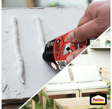 Pattex Montagekleber mit extra starker Anfangshaftung wird aufgetragen, daneben ein Gartensofa aus Holz mit weißen Kissen und Pattex Logo.