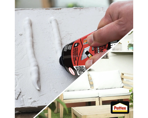 Pattex Montagekleber mit extra starker Anfangshaftung wird aufgetragen, daneben ein Gartensofa aus Holz mit weißen Kissen und Pattex Logo.