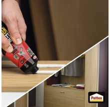 Auftragen von Pattex Montagekleber auf eine Holzoberfläche für den Bau eines Schranks. Pattex Logo.