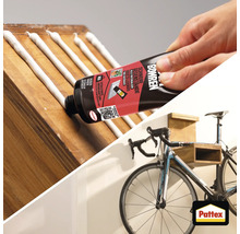 Pattex Kleben statt Bohren Montagekleber wird auf eine Holzoberfläche aufgetragen um eine Fahrradhalterung zu befestigen. Pattex Logo.