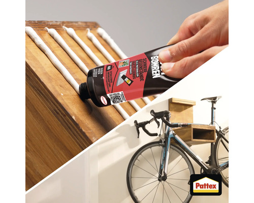 Pattex Kleben statt Bohren Montagekleber wird auf eine Holzoberfläche aufgetragen um eine Fahrradhalterung zu befestigen. Pattex Logo.