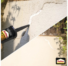 Colle de montage Pattex comblant une fissure dans un mur extérieur crépi, comparaison avant-après. Pattex Logo.