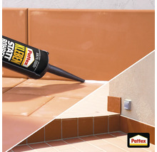 La colle de fixation Pattex pour coller au lieu de percer est appliquée sur des carreaux. Pattex Logo.