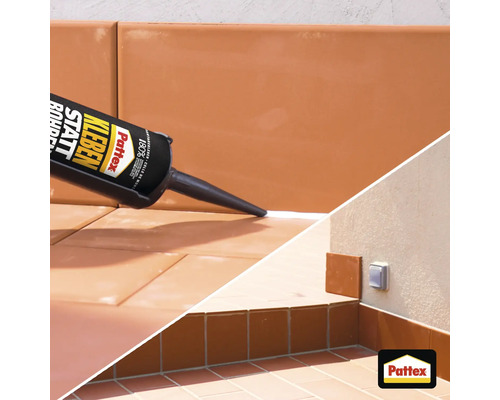La colle de fixation Pattex pour coller au lieu de percer est appliquée sur des carreaux. Pattex Logo.