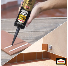 Une main applique la colle de montage Pattex Kleben statt Bohren sur un carreau, avec le résultat final sur un mur carrelé.