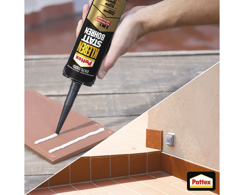Une main applique la colle de montage Pattex Kleben statt Bohren sur un carreau, avec le résultat final sur un mur carrelé.