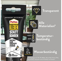 Pattex Logo, colle de montage Kleben statt Bohren Cristallin, transparente, tous matériaux, résistante aux températures et à l'eau, adhésion forte.