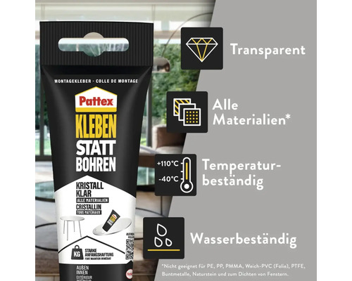 Pattex Logo, colle de montage Kleben statt Bohren Cristallin, transparente, tous matériaux, résistante aux températures et à l'eau, adhésion forte.