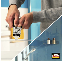 Colle universelle Pattex Kristall Klar appliquée sur du verre pour fixer une étagère de douche. Pattex Logo.