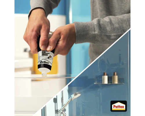 Colle universelle Pattex Kristall Klar appliquée sur du verre pour fixer une étagère de douche. Pattex Logo.