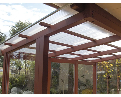 Abri de terrasse en bois avec toit transparent et parois latérales vitrées.