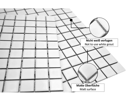 Mosaïque carrée avec surface mate et instruction de ne pas jointoyer en blanc.