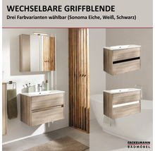 Fackelmann Waschbeckenunterschrank mit wechselbaren Griffblenden in Eiche Sonoma, Weiss und Schwarz.