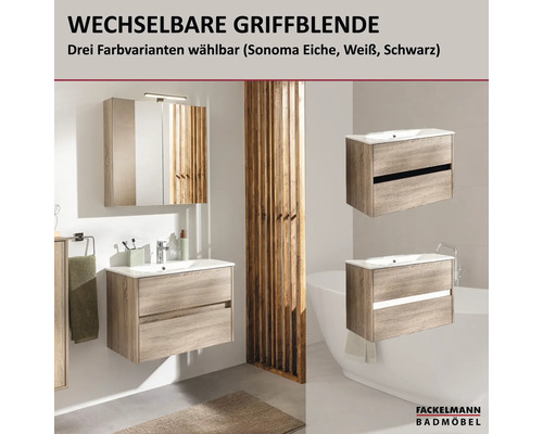 Fackelmann Waschbeckenunterschrank mit wechselbaren Griffblenden in Eiche Sonoma, Weiss und Schwarz.