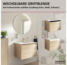 Ensemble de salle de bains Fackelmann avec meuble sous-lavabo aspect chêne, lavabo blanc et miroir LED rond. Avec bandeaux de poignée interchangeables.