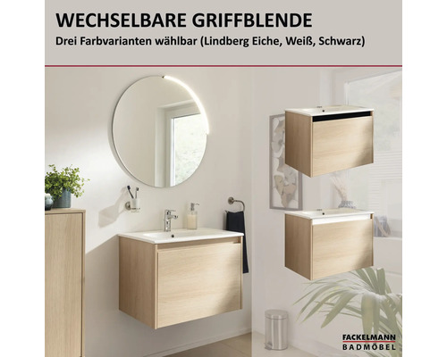 Ensemble de salle de bains Fackelmann avec meuble sous-lavabo aspect chêne, lavabo blanc et miroir LED rond. Avec bandeaux de poignée interchangeables.