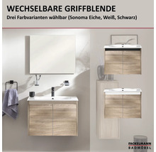 Meuble sous-vasque Fackelmann en décor chêne Sonoma avec profils de poignée interchangeables en trois couleurs et grand miroir.