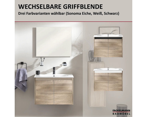Meuble sous-vasque Fackelmann en décor chêne Sonoma avec profils de poignée interchangeables en trois couleurs et grand miroir.