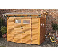 Gartenschrank aus Holz mit Schiebetüren, Fenstern und einem Pultdach aus Wellplatten, ausgestattet mit einer Dachrinne.