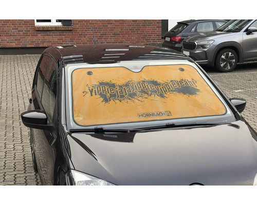 Pare-soleil de voiture pour pare-brise avec slogan YippieJajaYippieYippieYeah et Hornbach Logo.