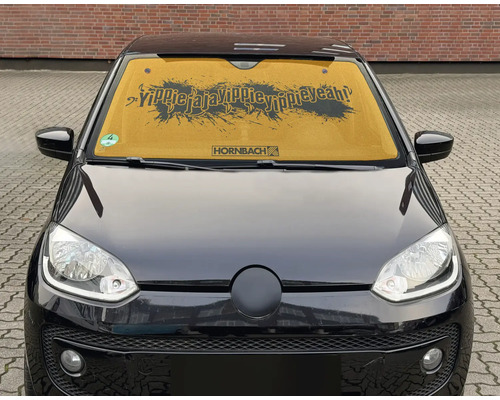 Pare-soleil pour pare-brise de voiture avec l'inscription YippieJajaYippieYippieYeah et Hornbach Logo.