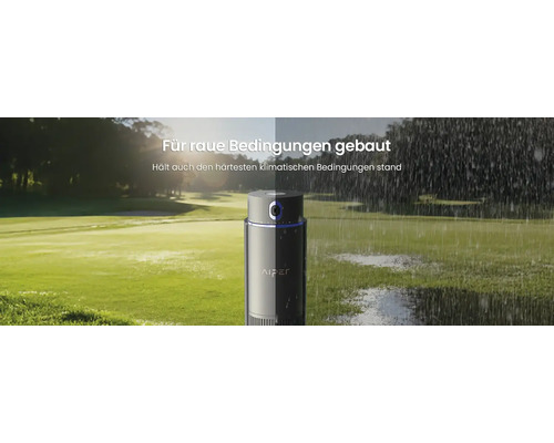 Tondeuse robot Aiper résistante aux intempéries sur une pelouse, représentée en comparaison par temps ensoleillé et forte pluie.