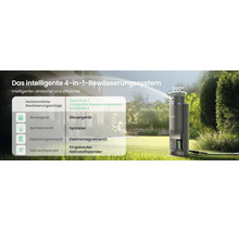 Système d arrosage intelligent 4-en-1 Aiper IrriSense 2 sur pelouse, combinant commande, arroseur, vanne et distributeur d engrais à 360 degrés.