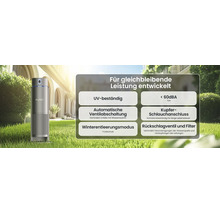Appareil Aiper sur pelouse avec caractéristiques : résistant aux UV, silencieux, arrêt de valve automatique, raccord cuivre, mode hiver et filtre.