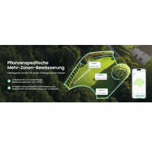 Arrosage de jardin intelligent multi-zones avec contrôle par application sur smartphone et schéma des zones d'irrigation.