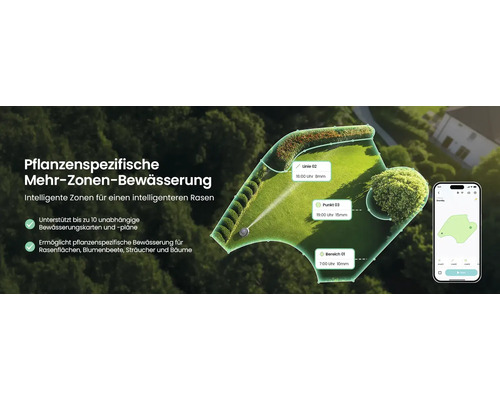 Arrosage de jardin intelligent multi-zones avec contrôle par application sur smartphone et schéma des zones d'irrigation.