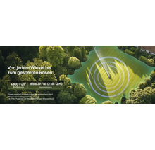 Vue aérienne d un jardin soigné avec un arroseur de pelouse arrosant circulairement. Une distance de pulvérisation de 2 à 12 mètres est marquée.