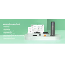 Contenu de l'Aiper IrriSense 2 : appareil, alimentation, câbles, clapet anti-retour, ancrage, piquets, raccords de tuyau et manuels.