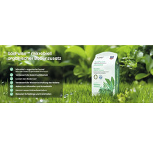 Amendement organique microbien Aiper SoilPulse sur pelouse. Nourrit le sol. Aiper Logo. Fabriqué aux États-Unis.