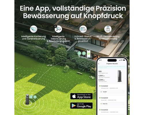 Arrosage de jardin intelligent via application avec programmation, gestion de zones et suivi de la consommation d'eau pour l'entretien du gazon.