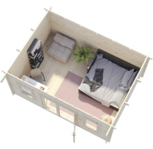 Vue aérienne de l'intérieur d'un abri de jardin en bois clair avec lit, bureau, fauteuil, étagère et plante d'intérieur.