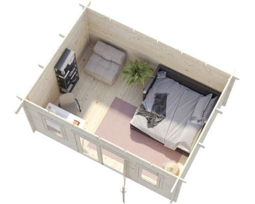 Vue aérienne de l'intérieur d'un abri de jardin en bois clair avec lit, bureau, fauteuil, étagère et plante d'intérieur.