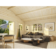 Abri de jardin en bois clair meublé de façon moderne avec canapé, table basse, tapis et vue sur le jardin par la porte et les fenêtres ouvertes.