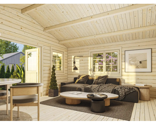 Abri de jardin en bois clair meublé de façon moderne avec canapé, table basse, tapis et vue sur le jardin par la porte et les fenêtres ouvertes.