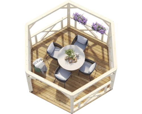 Pavillon Palmako Betty 9,9 m² hexagonal avec garde-corps sans plancher 384 x 339 cm marron