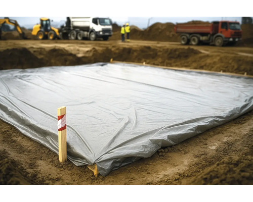 Grande bâche de protection grise posée sur le sol d'un chantier avec des engins de construction en arrière-plan.