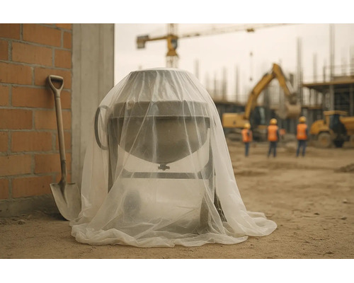 Bétonnière sur un chantier, recouverte d'une bâche de protection transparente, à côté d'une pelle et d'un mur en briques.